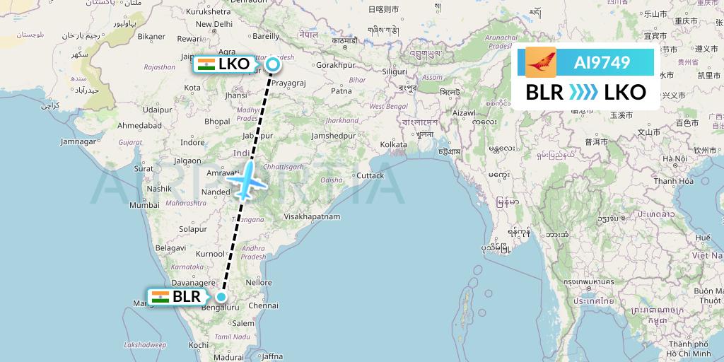 AI9749 Air India Flight Map: Bangalore to Lucknow