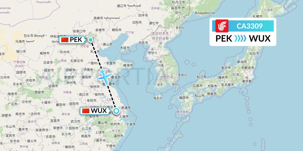 CA3309 Air China Flight Map: Beijing to Wuxi