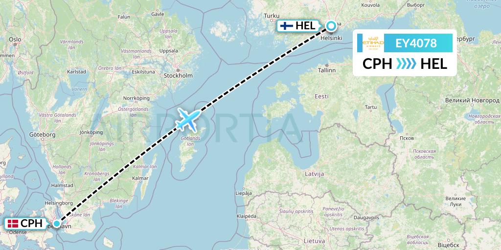 EY4078 Etihad Airways Flight Map: Copenhagen to Helsinki