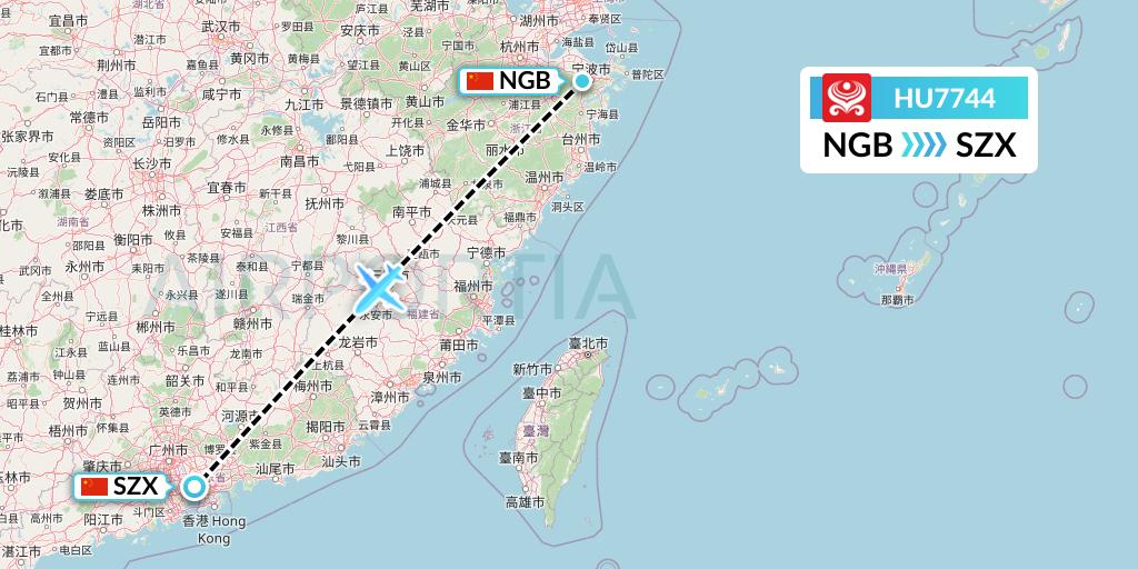 HU7744 Hainan Airlines Flight Map: Ningbo to Shenzhen