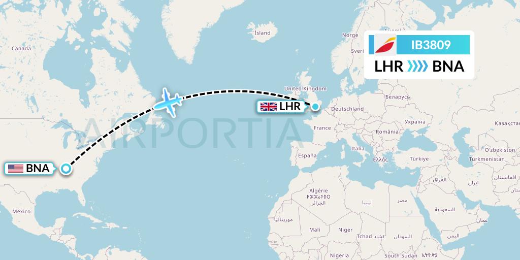 IB3809 Iberia Flight Map: London to Nashville