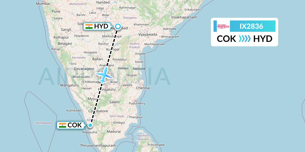 IX2836 Air India Express Flight Map: Cochin to Hyderabad