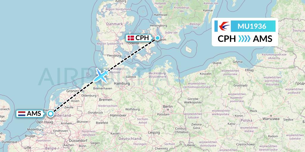 MU1936 China Eastern Airlines Flight Map: Copenhagen to Amsterdam