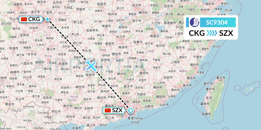 SC9304 Shandong Airlines Flight Map: Chongqing to Shenzhen