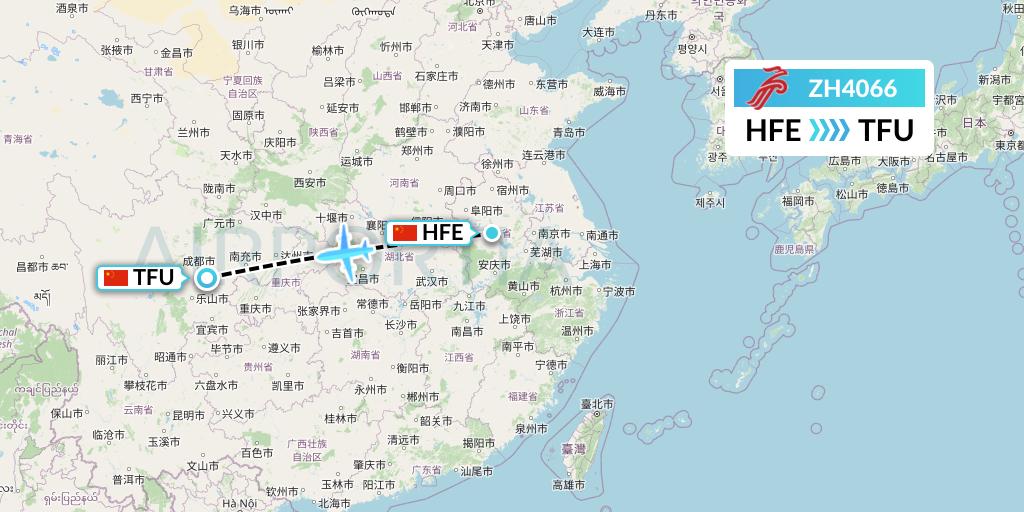 ZH4066 Shenzhen Airlines Flight Map: Hefei to Chengdu