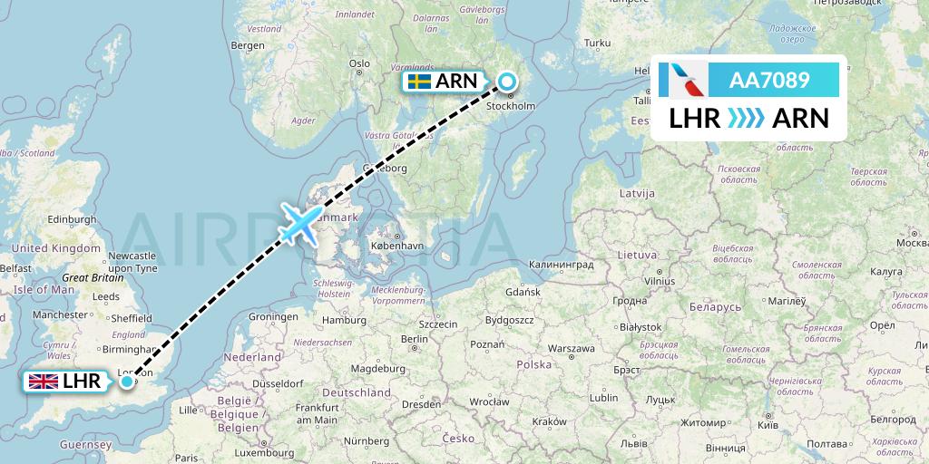 AA7089 American Airlines Flight Map: London to Stockholm