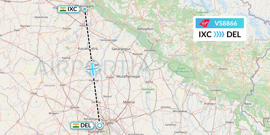 VS8866 Virgin Atlantic Airways Flight Map: Chandigarh to Delhi