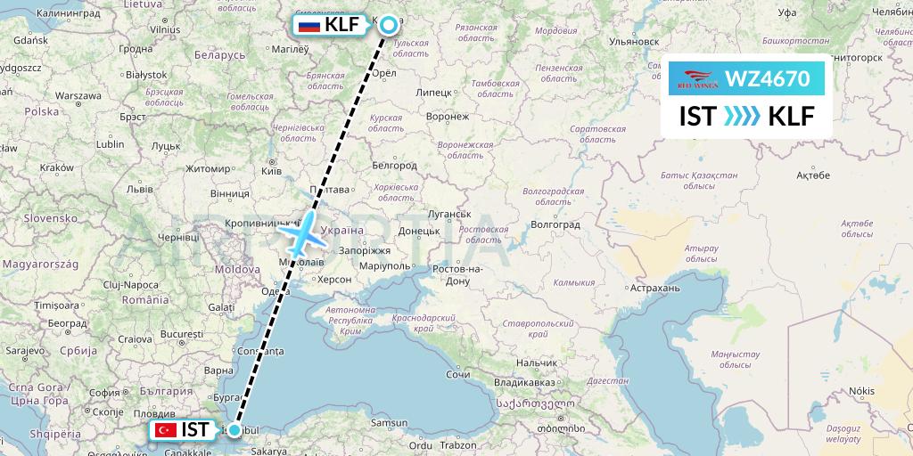 WZ4670 Red Wings Flight Map: Istanbul to Kaluga