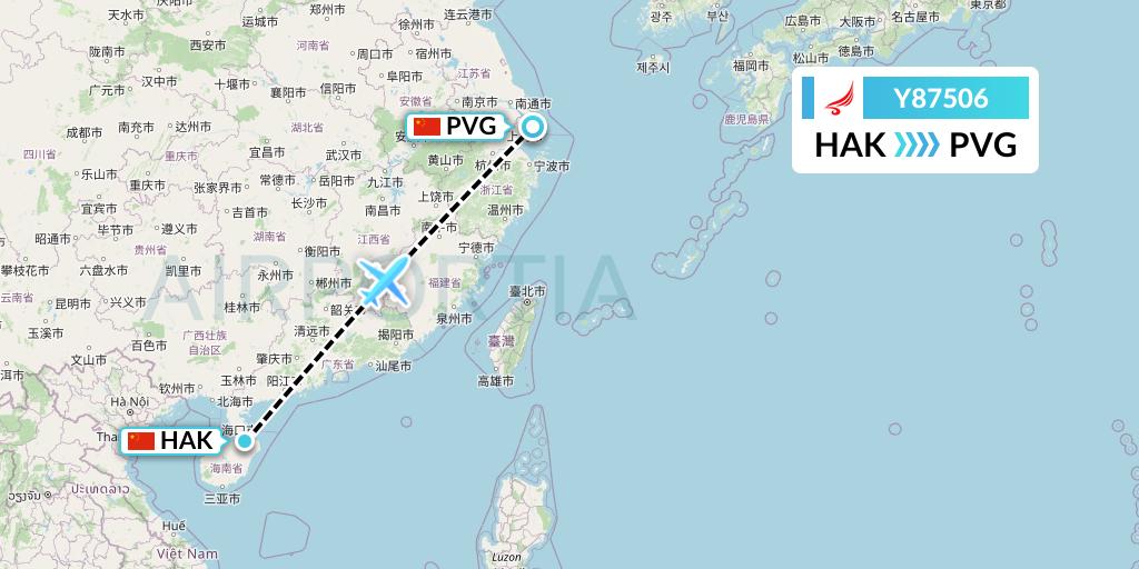 Y87506 Yangtze River Express Flight Map: Haikou to Shanghai