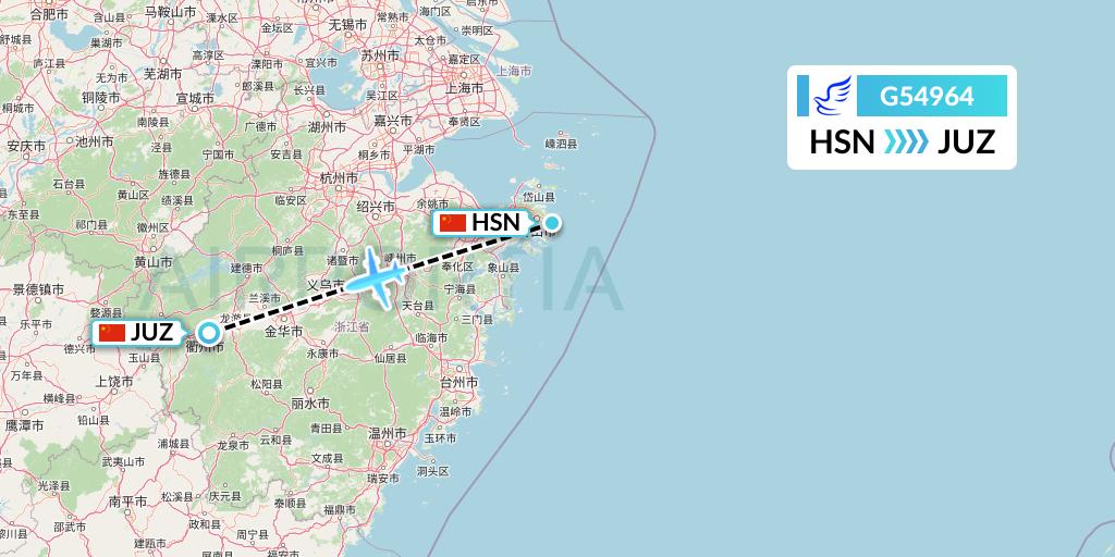 G54964 China Express Airlines Flight Map: Zhoushan to Quzhou