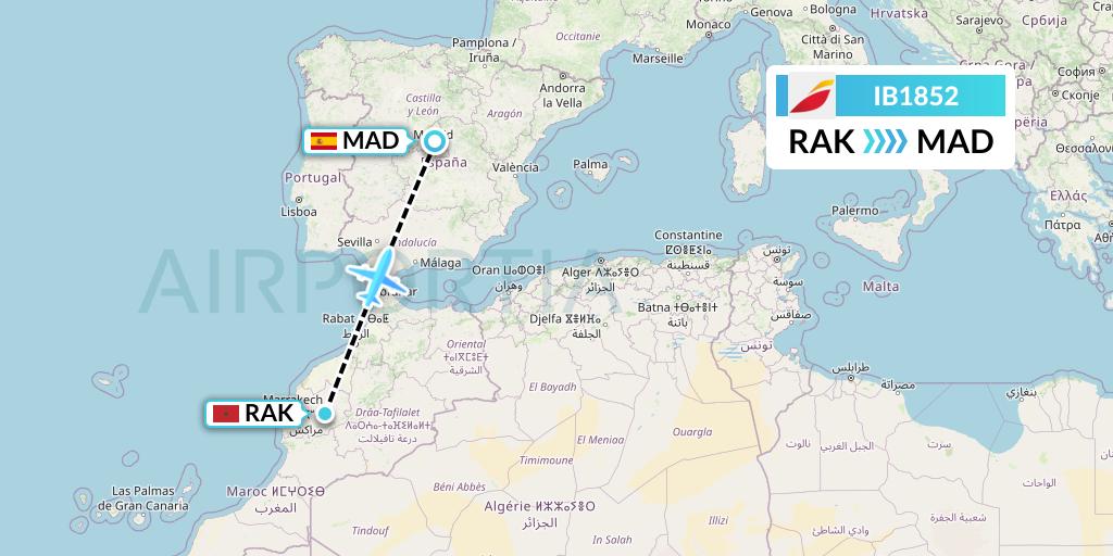 IB1852 Iberia Flight Map: Marrakesh to Madrid