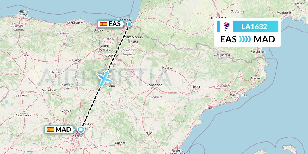 LA1632 LAN Airlines Flight Map: San Sebastian to Madrid