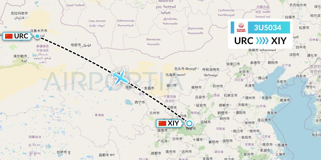 3U5034 Sichuan Airlines Flight Map: Urumqi to Xi'an