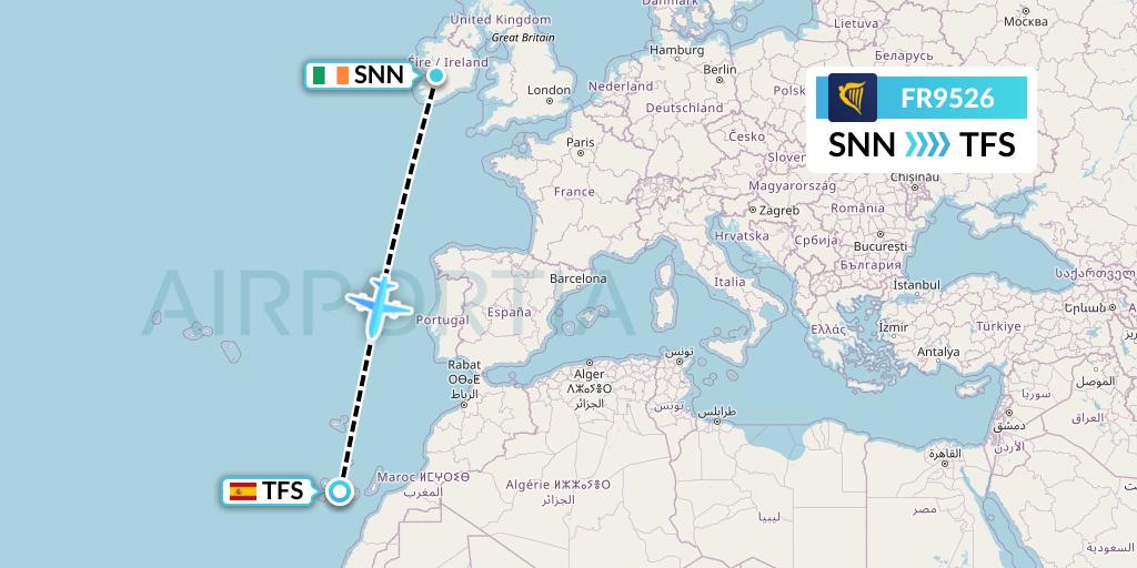 FR9526 Ryanair Flight Map: Shannon to Tenerife