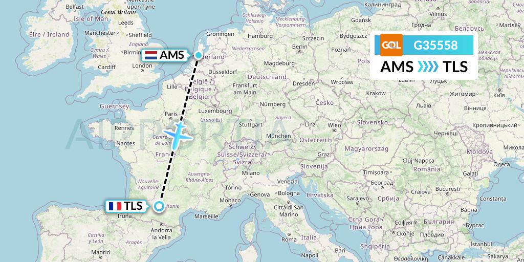 G35558 GOL Transportes Aeros Flight Map: Amsterdam to Toulouse