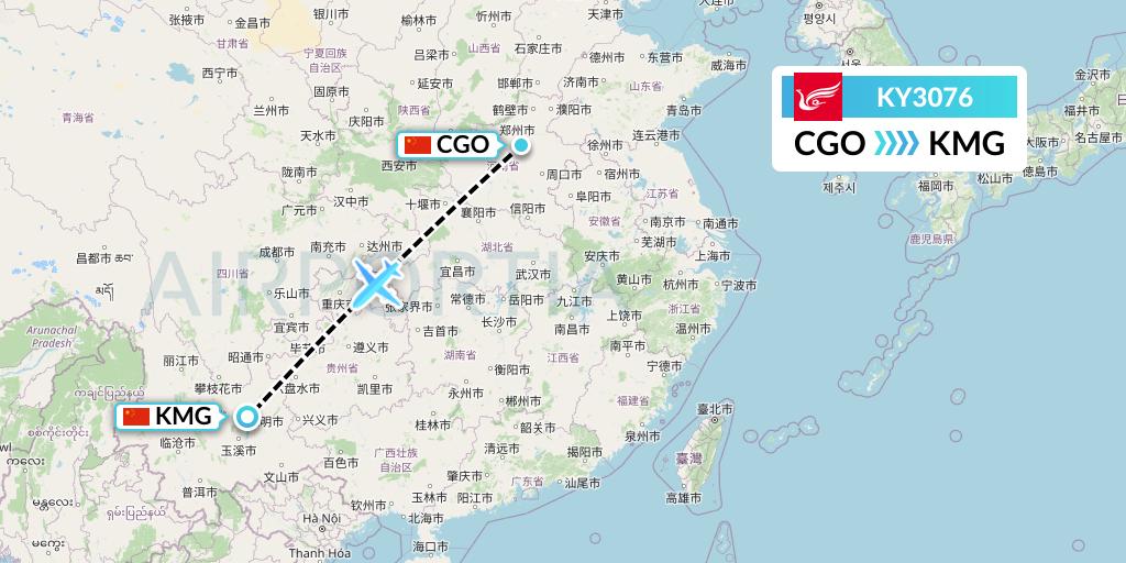KY3076 Kunming Airlines Flight Map: Zhengzhou to Kunming