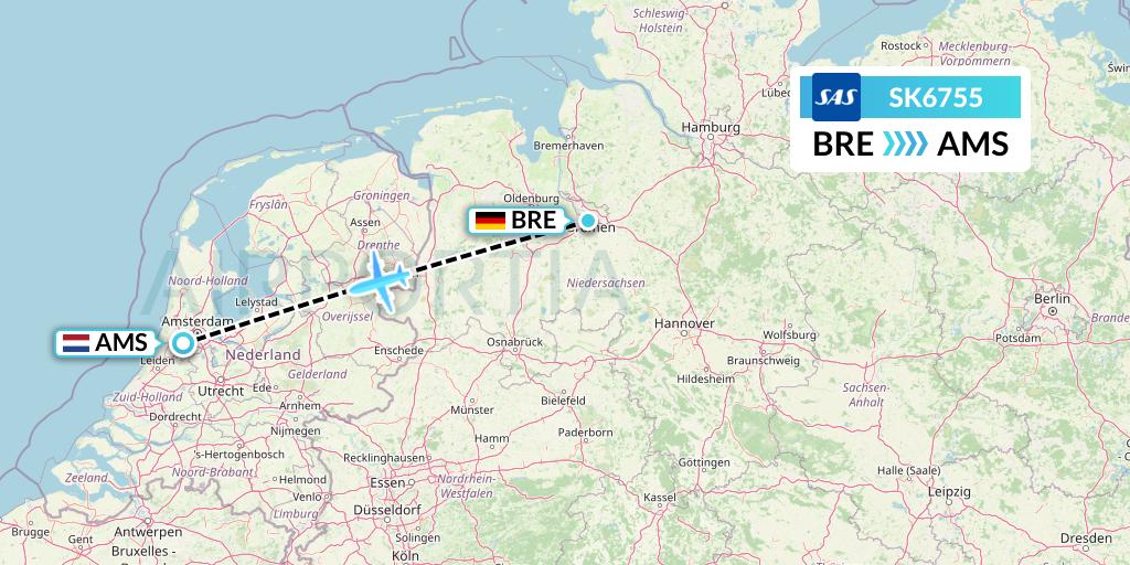 SK6755 SAS Flight Map: Bremen to Amsterdam