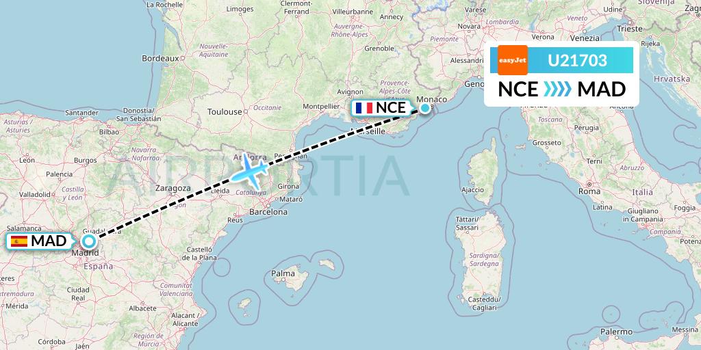 U21703 EasyJet Flight Map: Nice to Madrid