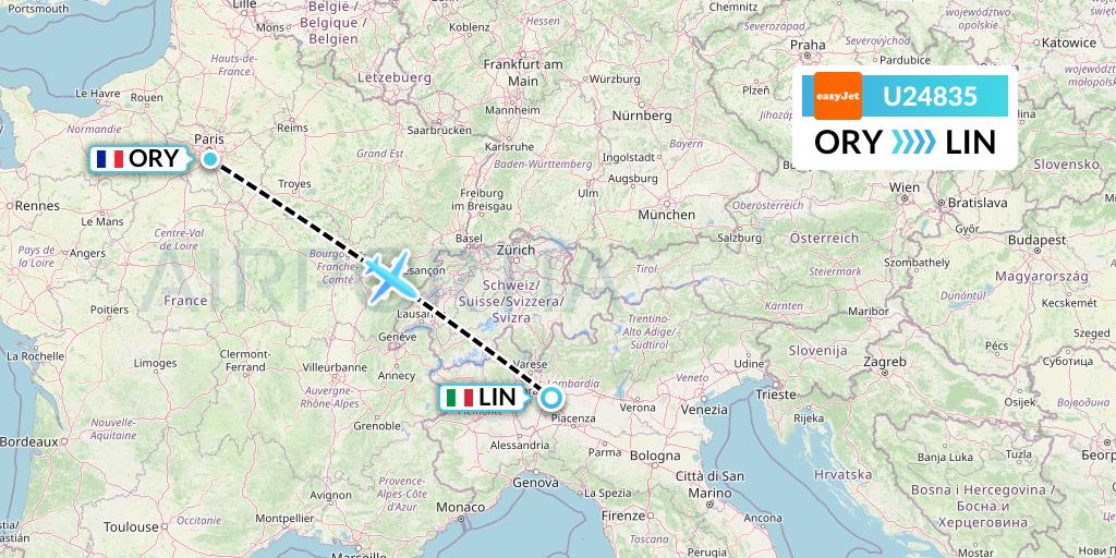 U24835 EasyJet Flight Map: Paris to Milan