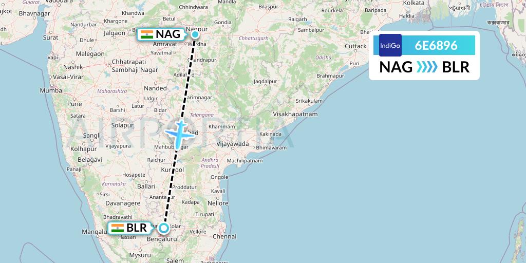 6E6896 IndiGo Airlines Flight Map: Nagpur to Bangalore