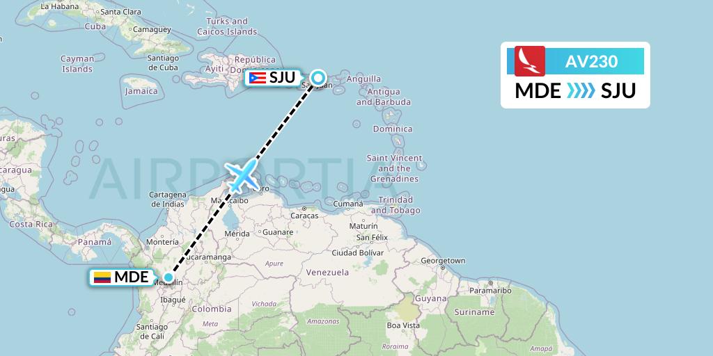 AV230 Avianca Flight Map: Medellin to San Juan