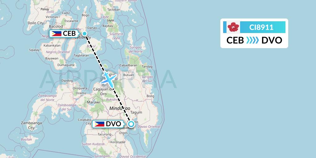 CI8911 China Airlines Flight Map: Cebu to Davao City