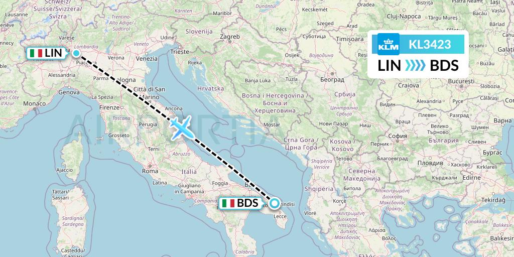 KL3423 KLM Flight Map: Milan to Brindisi