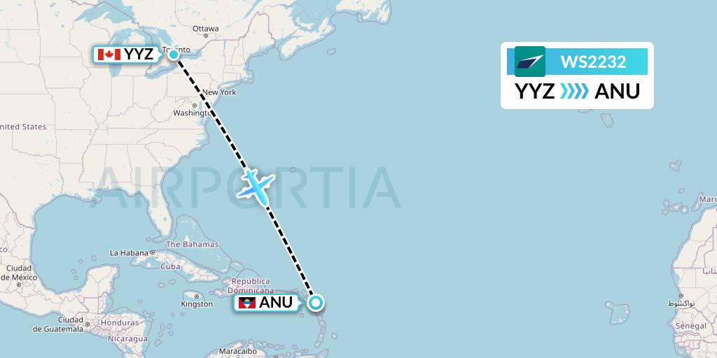 WS2232 WestJet Flight Map: Toronto to Antigua