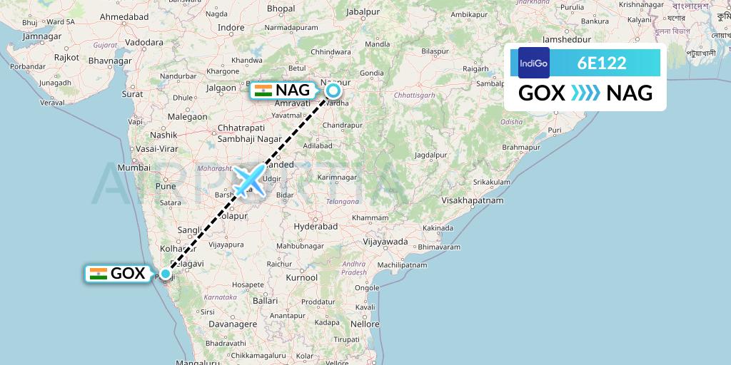6E122 IndiGo Airlines Flight Map: Goa to Nagpur