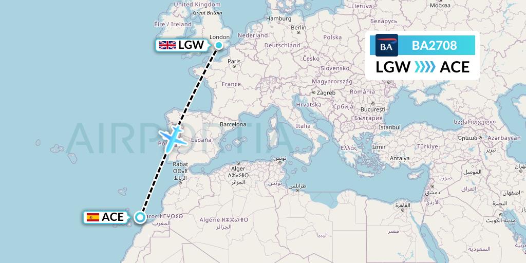 BA2708 British Airways Flight Map: London to Lanzarote