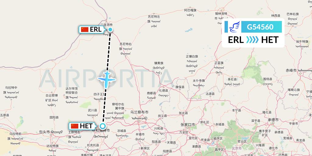 G54560 China Express Airlines Flight Map: Erenhot to Hohhot