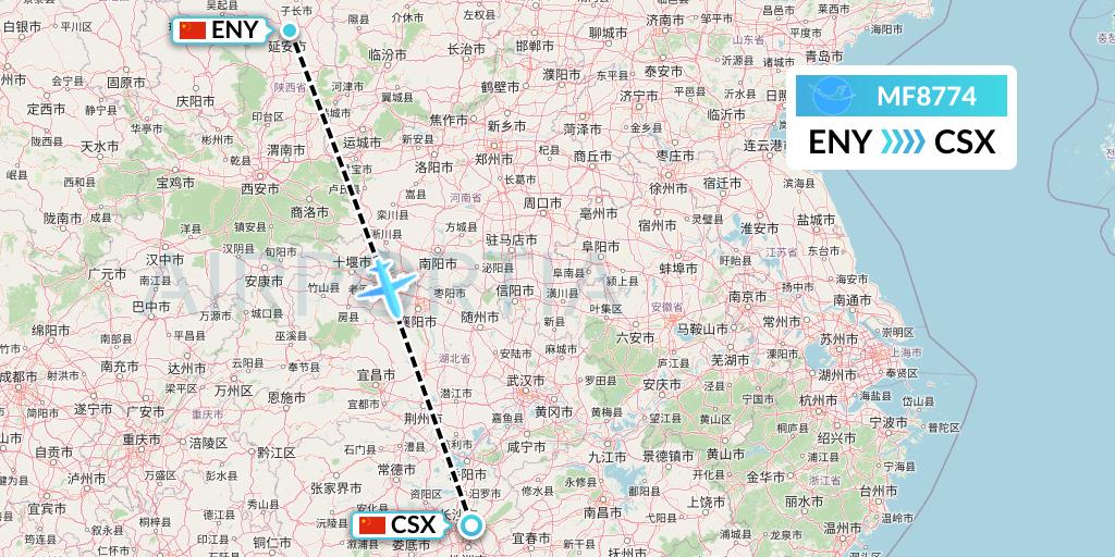 MF8774 Xiamen Airlines Flight Map: Yan'an to Changsha