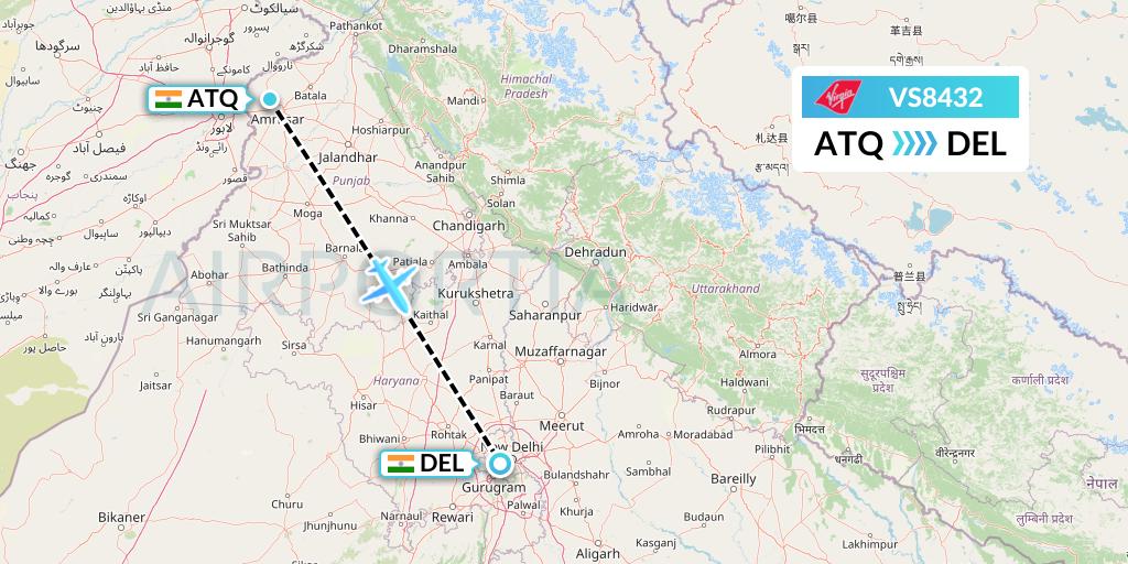 VS8432 Virgin Atlantic Airways Flight Map: Amritsar to Delhi