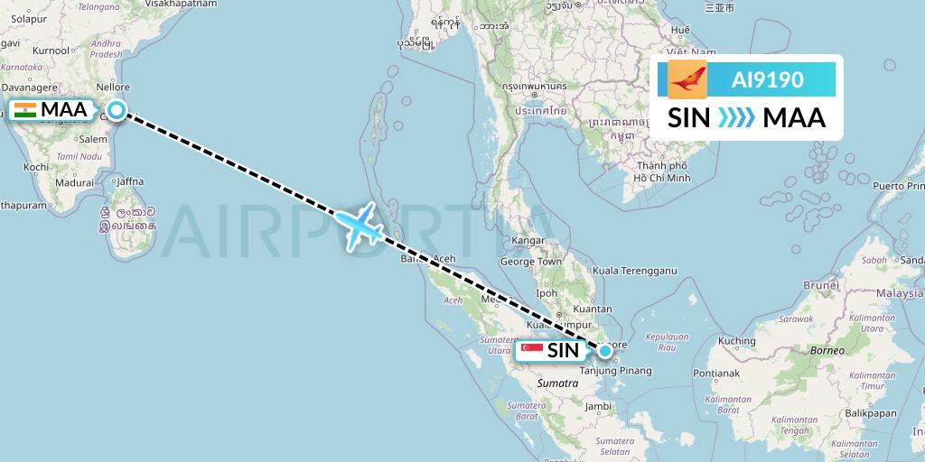 AI9190 Air India Flight Map: Singapore to Chennai