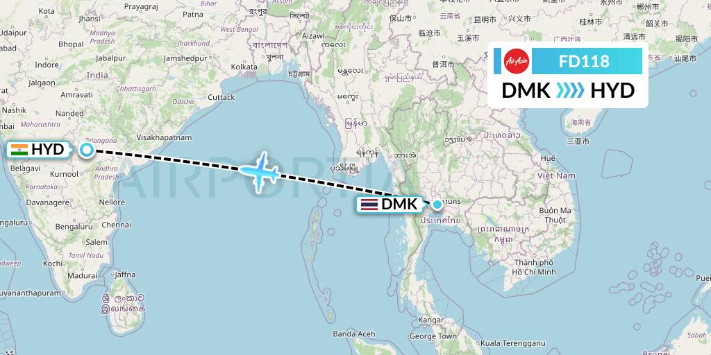 FD118 Thai AirAsia Flight Map: Bangkok to Hyderabad