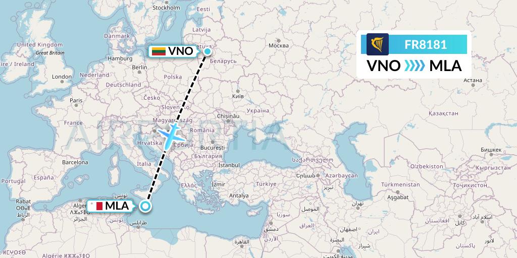 FR8181 Ryanair Flight Map: Vilnius to Malta