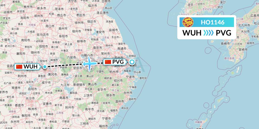 HO1146 Juneyao Airlines Flight Map: Wuhan to Shanghai