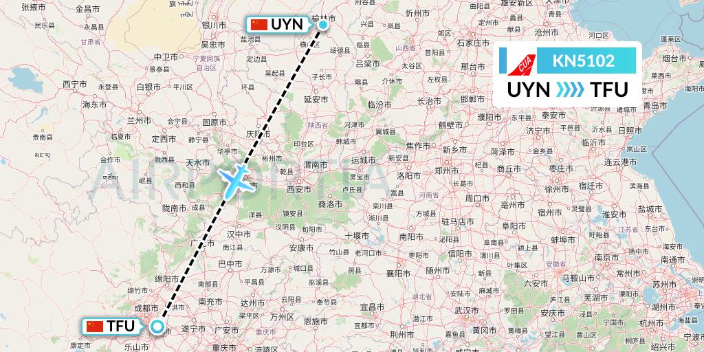 KN5102 China United Airlines Flight Map: Yulin to Chengdu