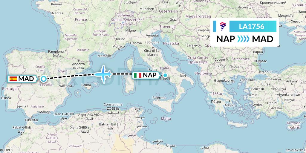 LA1756 LAN Airlines Flight Map: Naples to Madrid