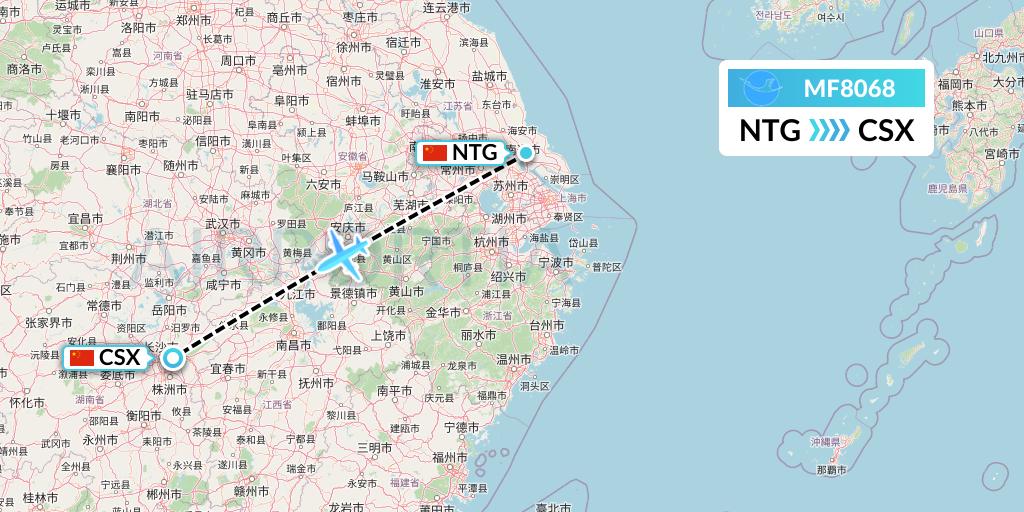 MF8068 Xiamen Airlines Flight Map: Nantong to Changsha