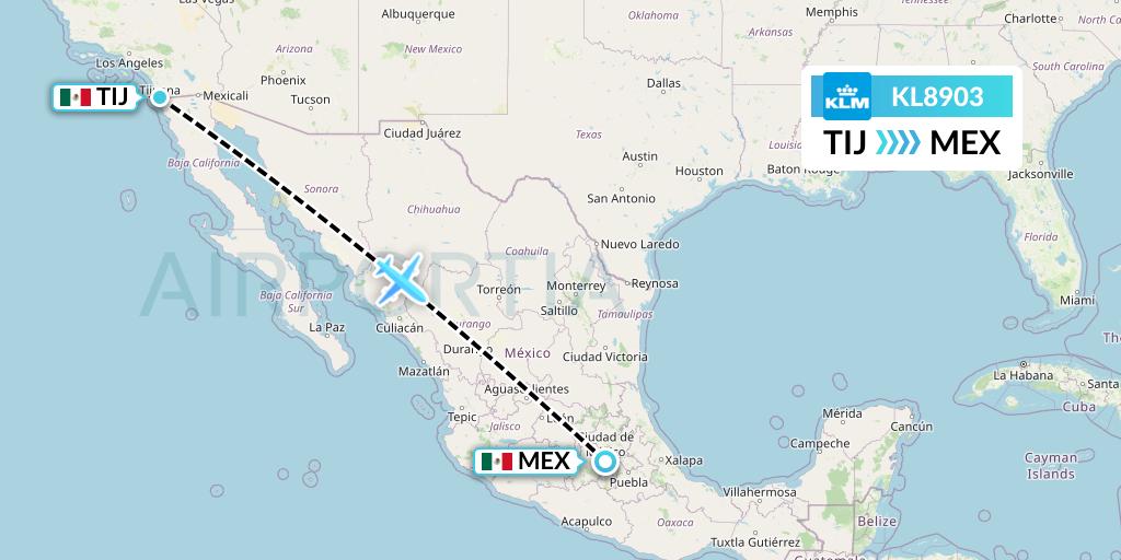 KL8903 KLM Flight Map: Tijuana to Mexico City