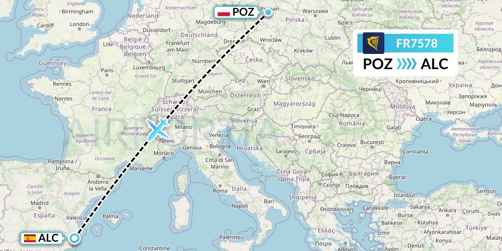 FR7578 Ryanair Flight Map: Poznan to Alicante