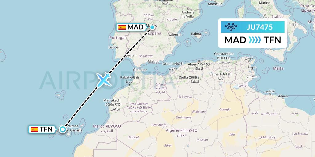 JU7475 AirSERBIA Flight Map: Madrid to Tenerife