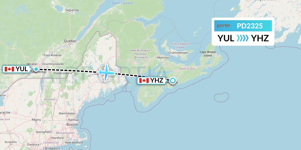 PD2325 Porter Airlines Flight Map: Montreal to Halifax