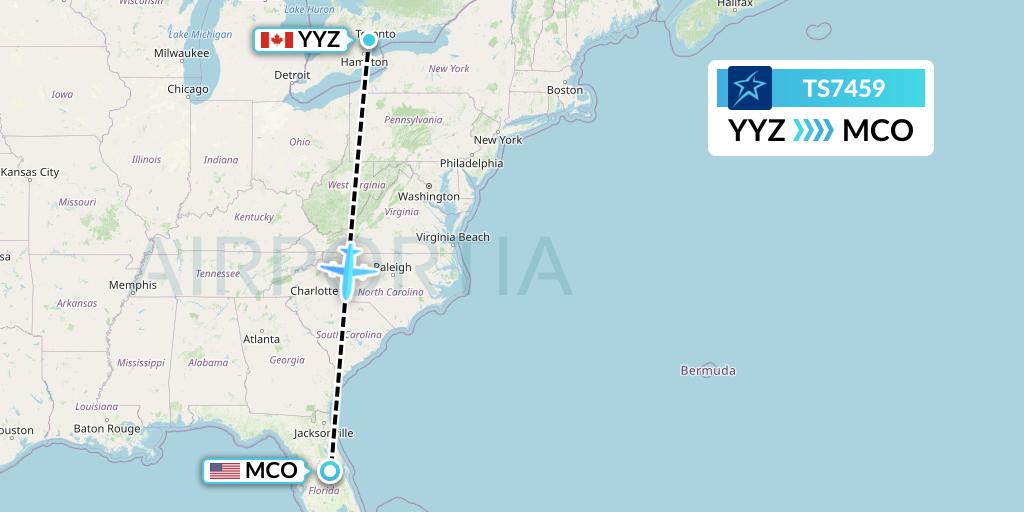 TS7459 Air Transat Flight Map: Toronto to Orlando