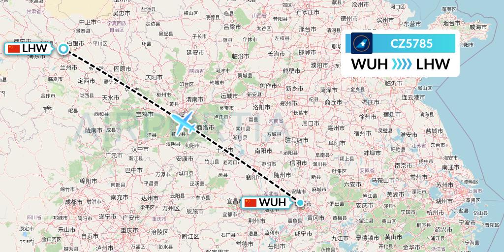 CZ5785 China Southern Airlines Flight Map: Wuhan to Lanzhou