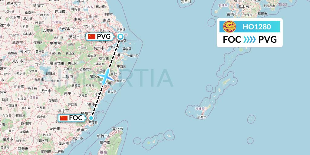HO1280 Juneyao Airlines Flight Map: Fuzhou to Shanghai