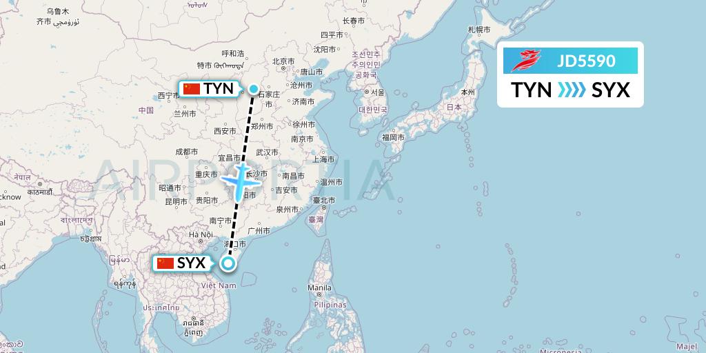 JD5590 Capital Airlines Flight Map: Taiyuan to Sanya