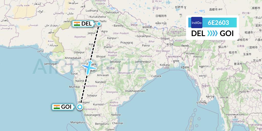 6E2603 IndiGo Airlines Flight Map: Delhi to Goa
