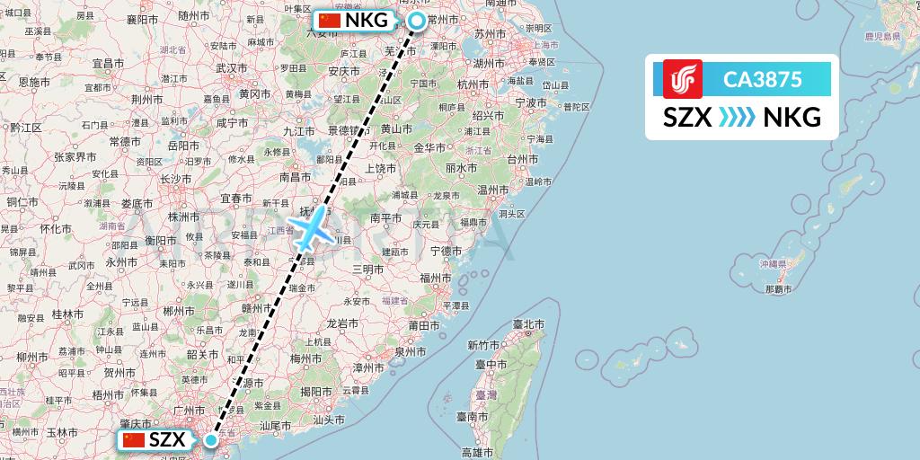 CA3875 Air China Flight Map: Shenzhen to Nanjing